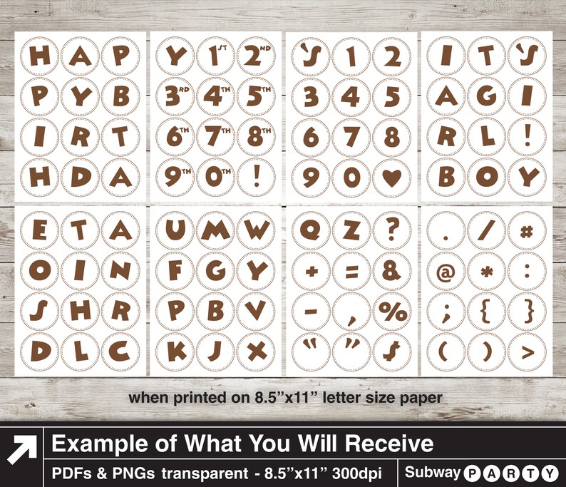 Puede incluir: Pegatinas imprimibles de letras y n&uacute;meros marrones para una fiesta de metro. Las pegatinas tienen un di&aacute;metro de 2,5 cm y est&aacute;n dise&ntilde;adas para parecer azulejos de metro. Las pegatinas incluyen letras, n&uacute;meros, signos de puntuaci&oacute;n y s&iacute;mbolos. El texto de la imagen dice "when printed on 8.5"x11" letter size paper" y "Example of What You Will Receive".