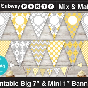 Printable Yellow Gray Party Banner & Mini Cake Bunting. Argyle, Chevron, Stripes. DIY Editable Banner. Blank Text. INSTANT DOWNLOAD