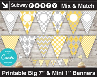 Printable Yellow Gray Party Banner & Mini Cake Bunting. Argyle, Chevron, Stripes. DIY Editable Banner. Blank Text. INSTANT DOWNLOAD