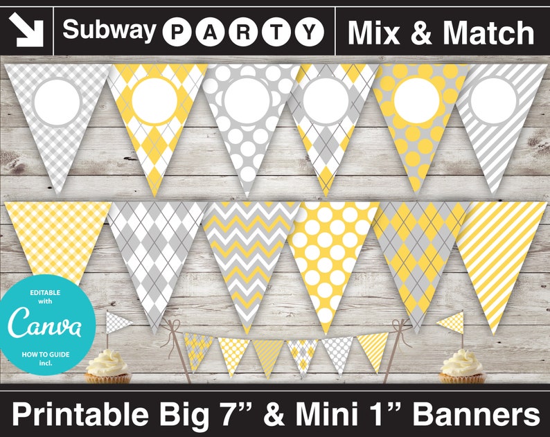 May include: Printable yellow and grey triangle banners with different patterns, including gingham, polka dots and chevron. The banners are 7 inches and 1 inch in size. The text "Subway Party Mix & Match" is at the top of the image.