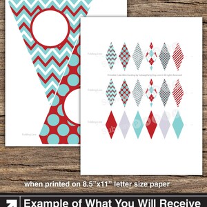 May include: Printable cake bunting template with seven different designs. The designs include red and blue chevron, red and blue polka dots, red and blue plaid, and red and white stripes. The template is designed to be printed on 8.5 x 11 inch paper.