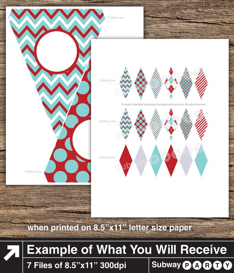 May include: Printable cake bunting template with seven different designs. The designs include red and blue chevron, red and blue polka dots, red and blue plaid, and red and white stripes. The template is designed to be printed on 8.5 x 11 inch paper.