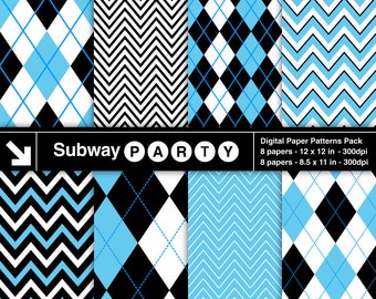 Baby Blue and Black Chevron and Argyle Digital Papers Pack. Scrapbook / Party Printable Papers / CANVA Background 8.5x11 & 12x12 JPG