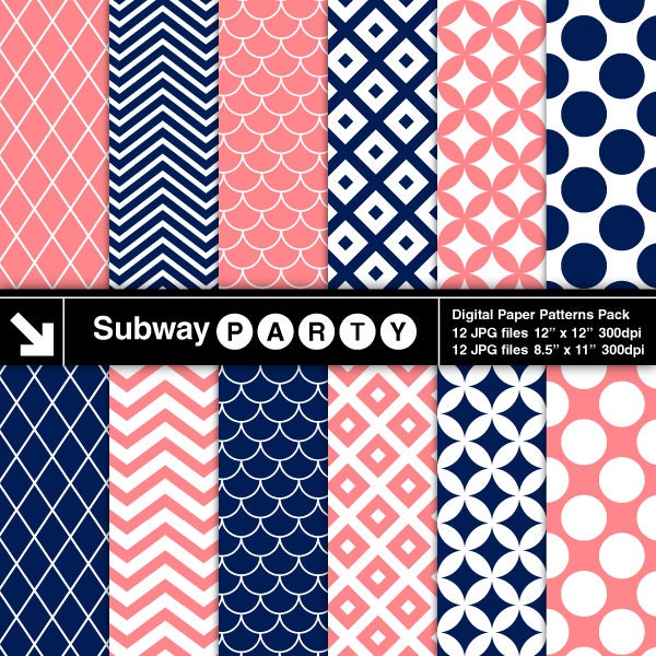 Navy and Coral Retro Mod Digital Papers in Diamond Lattice, Trellis, Chevron. Scrapbook, Invite DIY 8.5x11 12x12 jpg INSTANT DOWNLOAD