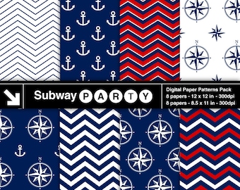 Nautical Navy Blue Digital Papers Pack. Patriotic Red White Blue. Scrapbook / Card DIY / Printable Party Papers 8.5x11 & 12x12 JPG Download