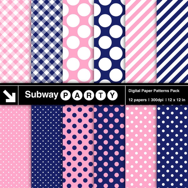 Navy Blue and Pink Polka Dots Candy Stripes and Gingham Plaid Digital Papers Pack. Scrapbook / Party Printable / CANVA Background 12x12 JPG