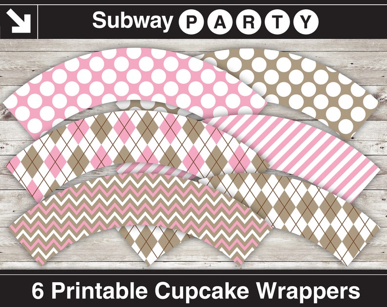 May include: Six printable cupcake wrappers with various patterns, including polka dots, argyle, stripes, and chevron. The color scheme includes pink, white, and brown. The text "Subway PARTY" and "6 Printable Cupcake Wrappers" are displayed.