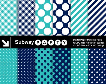 Navy Blue and Turquoise Digital Papers Pack in Polka Dot, Stripes and Gingham Scrapbook / Printable Party Papers 8.5x11 & 12x12 JPG Download