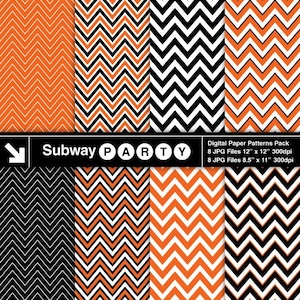 May include: A digital paper patterns pack featuring eight unique designs. The patterns include orange, black, and white chevron and zigzag patterns. The pack includes 8 JPG files, 12" x 12" and 8.5" x 11" at 300dpi. The text "Subway PARTY" is also visible.