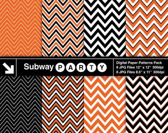 Halloween Chevron Digital Papers. Orange, Black and White Thick Thin Stripes. Scrapbook / Printable Party Papers 8.5x11 & 12x12 JPG Download