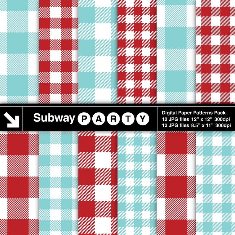 Christmas Aqua Red Buffalo Check and Gingham Plaid Digital Papers. Scrapbook / Party Papers 8.5x11 & 12x12 jpg INSTANT DOWNLOAD image 1