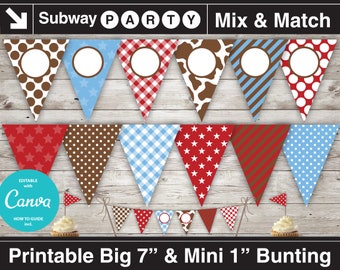 Banderín imprimible para fiesta vaquera y mini banderín para pastel. Estampado de vaca rojo, azul y marrón. Banderín editable DIY en blanco. Jpg. DESCARGA INSTANTÁNEA.