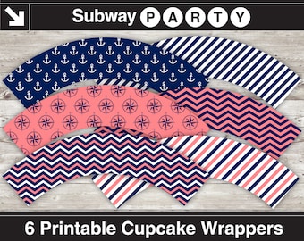 Nautical Printable Cupcake Wrappers in Navy Blue, Coral, White Chevron, Stripes, Anchors and Compasses. Printable 8x11 JPG DOWNLOAD