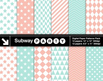 Mint and Coral Geometric Digital Papers Pack in Chevron, Checks, Stars & Stripes. Scrapbook / Invite DIY 8.5x11 12x12 jpg INSTANT DOWNLOAD