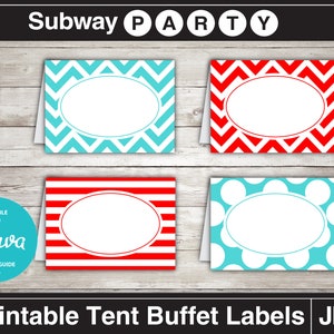 Teal Red Party Essen Etiketten in Chevron, Polka Dots und Streifen. Druckbare Tischaufsteller / bearbeitbare Buffetkarten. Druckbare 8 x 11 JPG DOWNLOAD