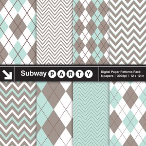 Puede incluir: Un paquete de patrones de papel digital con ocho dise&ntilde;os &uacute;nicos. Los patrones incluyen estilos argyle y chevron en tonos de marr&oacute;n, blanco y verde azulado. El texto "Subway PARTY" se muestra en una pancarta negra con una flecha blanca.
