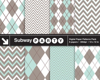Paquete de papeles digitales con estampado de espiga y rombos en azul aguamarina suave y gris topo. Ideal para álbumes de recortes e invitaciones (formato JPG, 30 x 30 cm). Descarga instantánea.