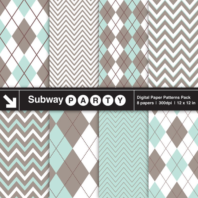 Puede incluir: Un paquete de patrones de papel digital con ocho dise&ntilde;os &uacute;nicos. Los patrones incluyen estilos argyle y chevron en tonos de marr&oacute;n, blanco y verde azulado. El texto "Subway PARTY" se muestra en una pancarta negra con una flecha blanca.