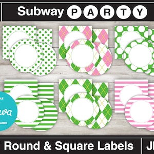 May include: Printable 2-inch round and square labels in green, pink, and white with polka dot, striped, and argyle patterns. The labels are editable with Canva and include a guide.  "Subway Party" is written at the top of the image.