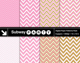 Paquete de papeles digitales con estampado de chevrones en rosa clavel y dorado. Álbum de recortes, invitaciones y decoración DIY. 12x12 jpg. Descarga instantánea.