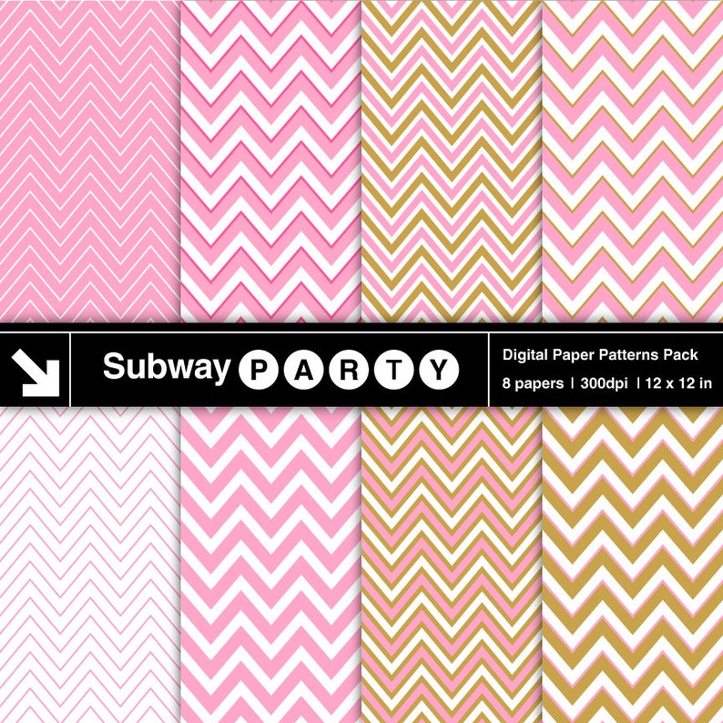 May include: Digital paper patterns pack featuring eight sheets with chevron designs in pink, white, and gold. The pack includes 12 x 12 inch sheets. The Subway Party logo is displayed at the bottom of the image.