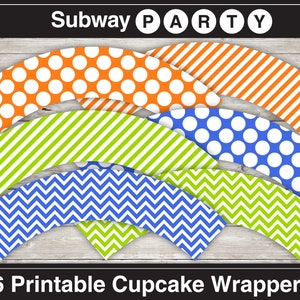 May include: Six printable cupcake wrappers with different patterns. The patterns include orange and white polka dots, orange and white stripes, green and white stripes, blue and white polka dots, blue and white chevron, and green and white chevron.