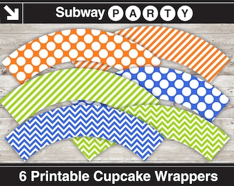 Blue Orange Green and White Cupcake Wrappers / Cupcake Liners. Chevron, Polka Dots & Stripes. Printable DIY. INSTANT DOWNLOAD.