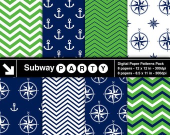 Nautical Green, Navy Blue and White Digital Papers Pack. Chevron, Anchor, Compass. Scrapbook / Invite DIY 8.5x11 12x12 jpg INSTANT DOWNLOAD