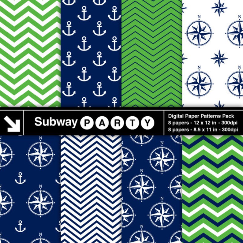 May include: Digital paper patterns pack featuring nautical and chevron designs in green, white, and navy blue. The pack includes compass rose, anchor, and zigzag patterns. The text "Subway PARTY" is also present.