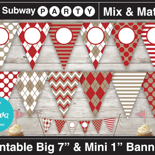 Printable Sock Monkey Birthday Party Banner & Mini Cake Bunting. Taupe Red Argyle Chevron Dots. DIY Editable Blank Banner. INSTANT DOWNLOAD