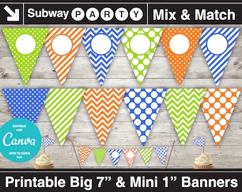 Printable Blue Orange Green Party Banner & Mini Cake Bunting. Polka Dots, Chevron, Stripes. DIY Blank Text Editable Banner INSTANT DOWNLOAD.