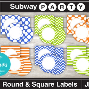 May include: Nine printable 2-inch round and square labels with different patterns. The patterns include orange and white stripes, blue and white polka dots, and green and white chevron. The labels are editable with Canva and include a guide. The labels are perfect for a subway party.