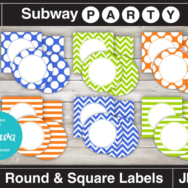 Blue Orange Green Printable Party Circles and Squares / Cupcake Toppers / Food Buffet Labels, Favor Tags. DIY Editable. INSTANT DOWNLOAD.