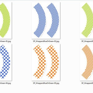 May include: Six different cupcake wrapper designs. The designs include green and blue chevron, green and white stripes, blue and white polka dots, orange and white polka dots, orange and white stripes, and green and white stripes.