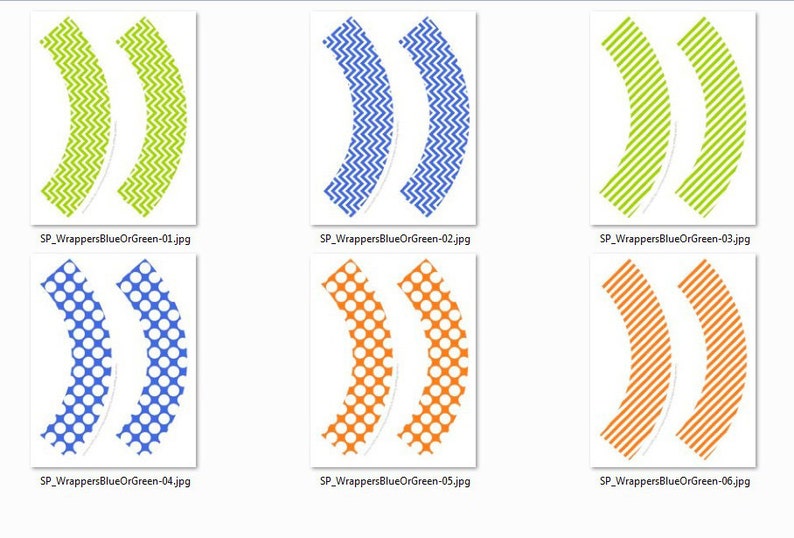 May include: Six different cupcake wrapper designs. The designs include green and blue chevron, green and white stripes, blue and white polka dots, orange and white polka dots, orange and white stripes, and green and white stripes.