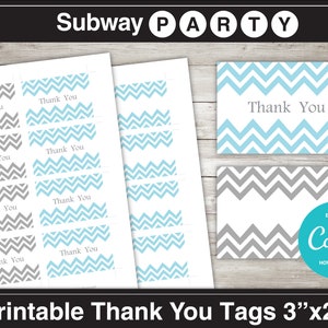 May include: Printable thank you tags with a chevron pattern in gray and light blue. The tags are 3" x 2" and feature the words "Thank You". The image also includes the text "Editable with Canva".
