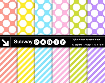Digitaal papier met stippen en strepen Pasen. Koraal, roze, blauw, geel, groen, lila. Plakboek/uitnodigingen DIY 12 x 12 jpg. DIRECT DOWNLOADEN