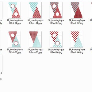May include: A set of printable party bunting flags with a red and aqua color scheme. The flags feature a variety of patterns, including polka dots, stripes, and geometric designs. The bunting is perfect for a birthday party, baby shower, or other celebration.