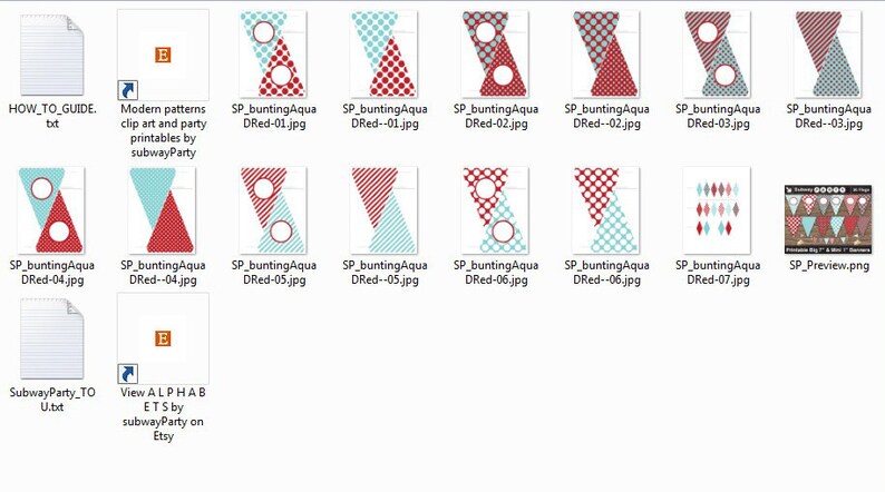 May include: A set of printable party bunting flags with a red and aqua color scheme. The flags feature a variety of patterns, including polka dots, stripes, and geometric designs. The bunting is perfect for a birthday party, baby shower, or other celebration.