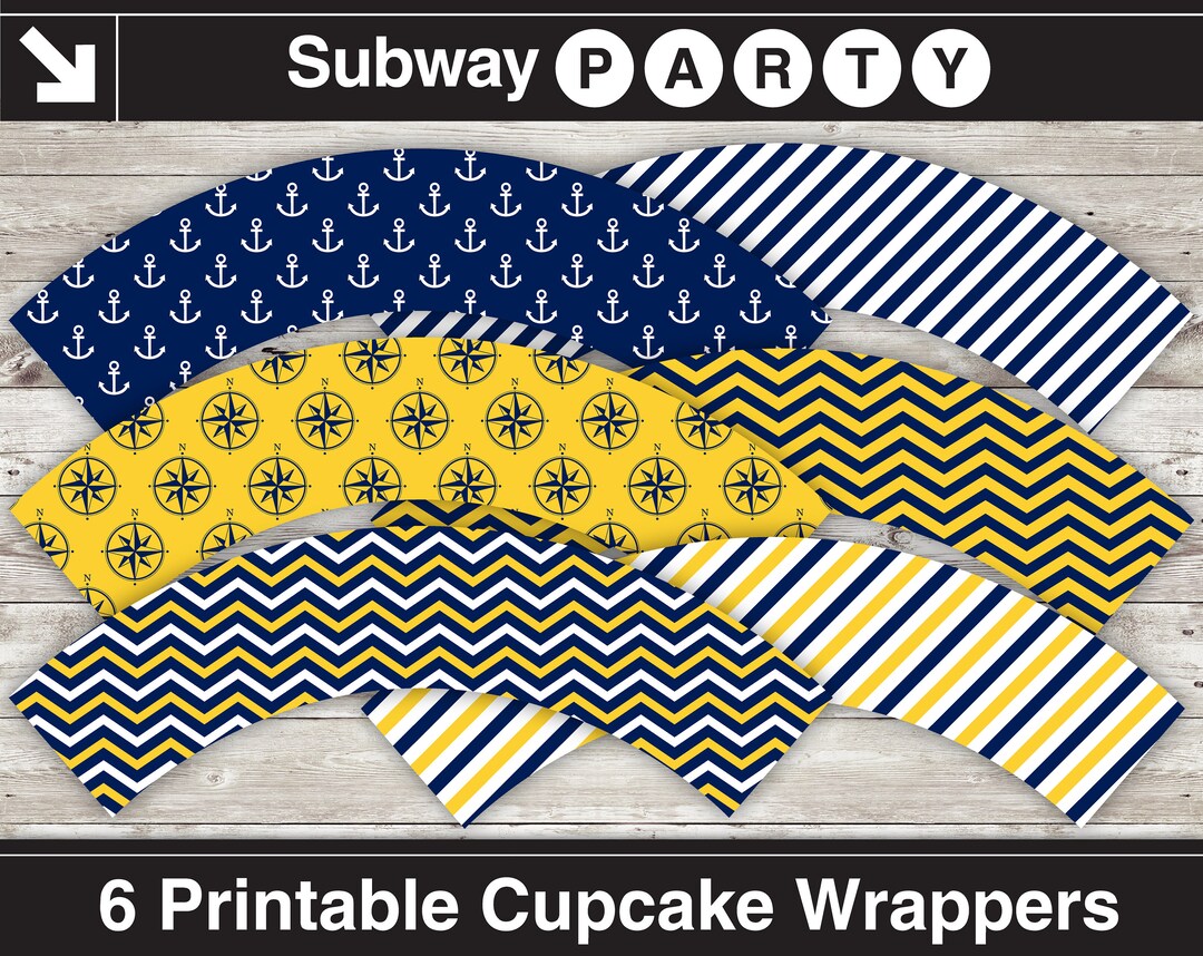 Nautical Printable Cupcake Wrappers in Navy Blue, Yellow, White Chevron ...