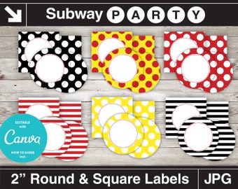 Afdrukbare Mickey / Piraat 2" feestcirkels en -vierkanten / Cupcaketopper / Blanco labels. Rood, zwart. Voeg je eigen tekst toe, doe het zelf. DIRECT DOWNLOADEN