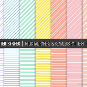 Easter Pastel Rainbow Stripes Seamless Patterns and Digital Papers 12”x12” & 8"x11" JPGs. Party papers. Thin Thick Stripes. CANVA Background