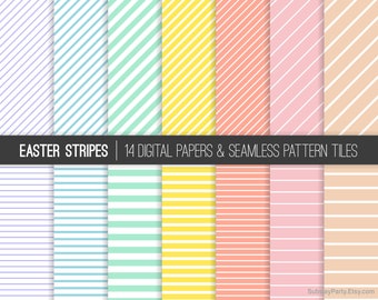 Easter Pastel Rainbow Stripes Seamless Patterns and Digital Papers 12”x12” & 8"x11" JPGs. Party papers. Thin Thick Stripes. CANVA Background