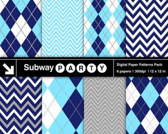 Navy Blue, Baby Blue, Silver Gray & White Chevron and Argyle Digital Paper Pack. Scrapbook / Invites / Card DIY 12x12 jpg. INSTANT DOWNLOAD