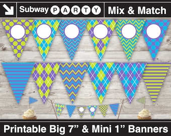 Monsters Party Printable Banner and Mini Cake Bunting. Purple Green Blue Argyle, Chevron. DIY Editable Banner Blank Text. INSTANT DOWNLOAD.