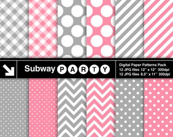 Pink and Grey Chevron, Polka Dots, Stripes & Gingham Digital Papers Pack. Scrapbook / Invites DIY 8.5x11 / 12x12 jpg INSTANT DOWNLOAD