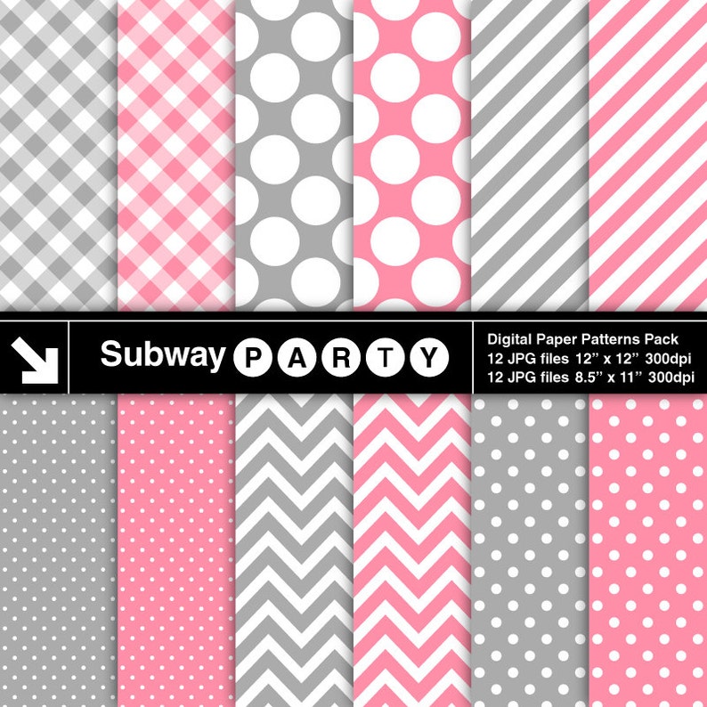 May include: Digital paper patterns pack featuring various designs in gray and pink. Patterns include gingham, polka dots, stripes, and chevrons. The text "Subway PARTY" is displayed, along with file size information.