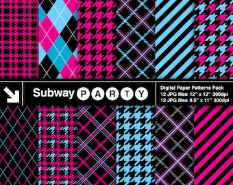 Monster Dolls Party Digital Papers. Pink Blue Black Argyle Plaid Junk Journal Pages / Printable Party Papers 8.5x11 & Scrapbook Papers 12x12