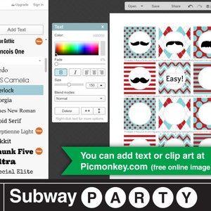 May include: A digital image editor screen showing a set of printable party circles with red, white, and blue designs. The circles feature a mustache, the word "Easy!" and blank circles. The text "You can add text or clip art at Picmonkey.com (free online image editor)" is displayed below the circles.