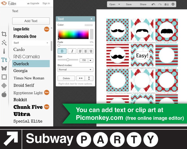 May include: A digital image editor screen showing a set of printable party circles with red, white, and blue designs. The circles feature a mustache, the word "Easy!" and blank circles. The text "You can add text or clip art at Picmonkey.com (free online image editor)" is displayed below the circles.